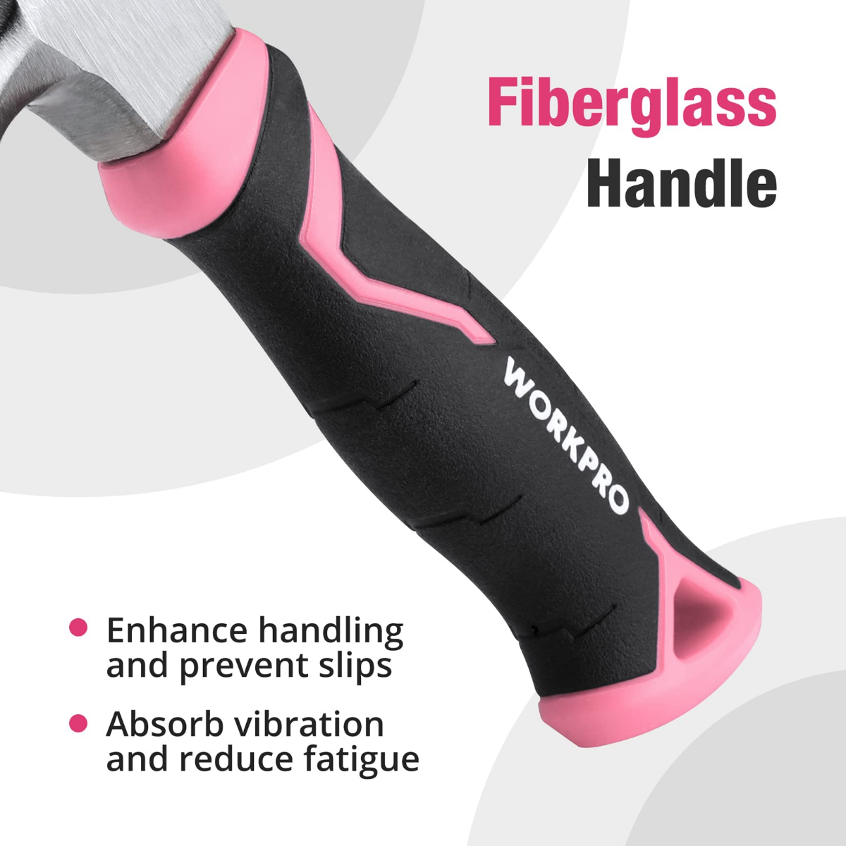 Fiberglass claw hammer handle, black textured grip with pink accents and WORKPRO logo.