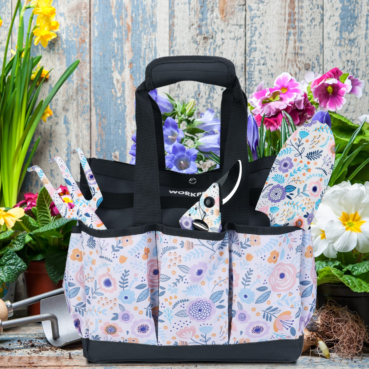 Floral garden tool tote bag with black handles and front organizer pockets