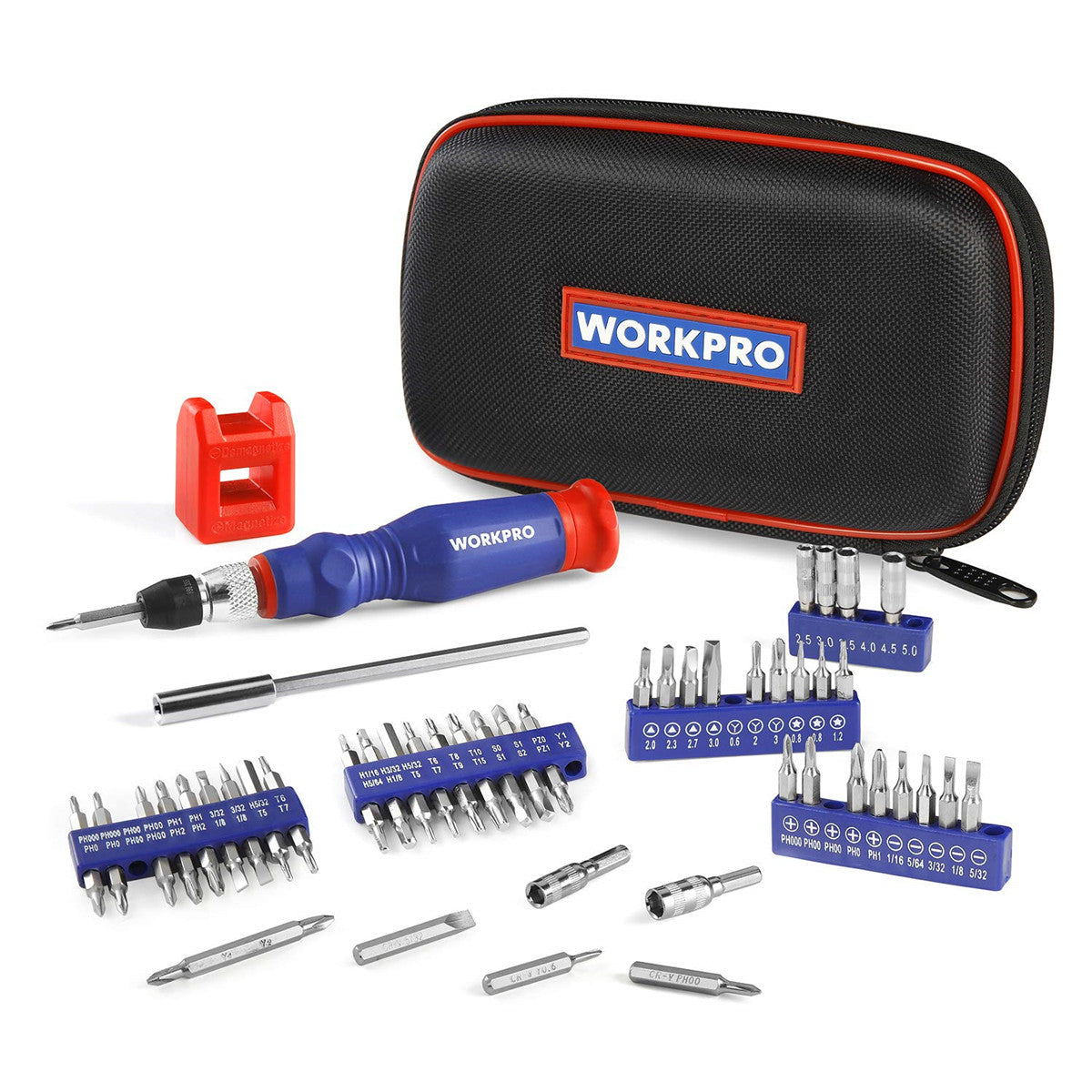 WORKPRO precision screwdriver kit with blue bits holder and black carrying case