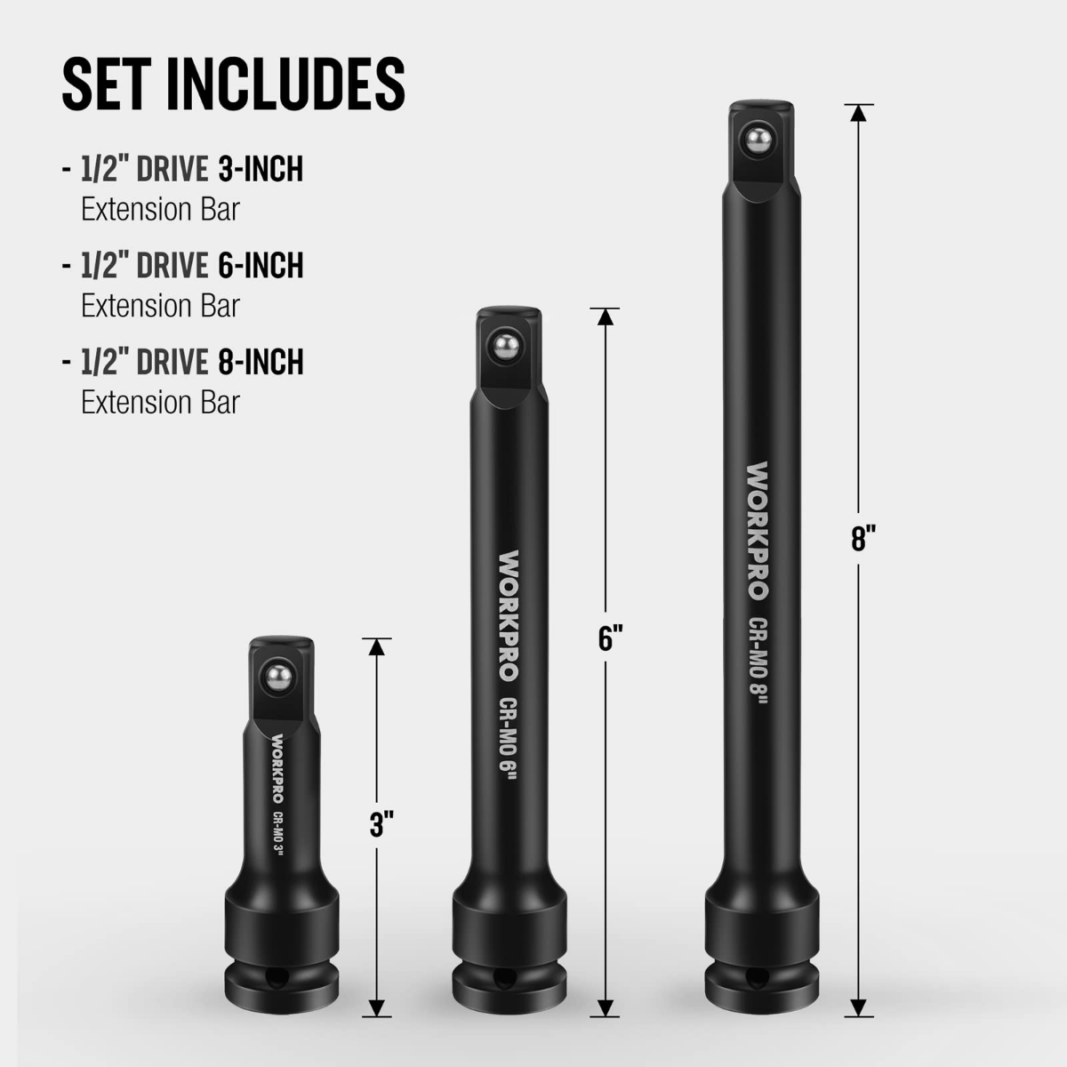 Impact extension bar set with three bars for 1/2-inch drive sockets