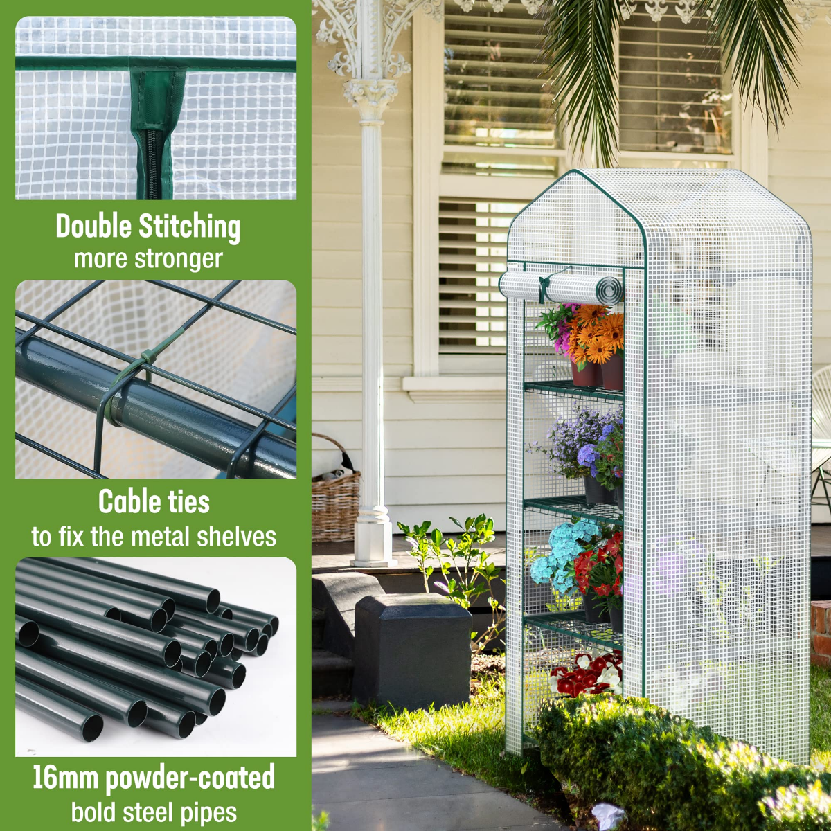 White mesh mini greenhouse with thick 16mm powder-coated steel pipes and cable ties