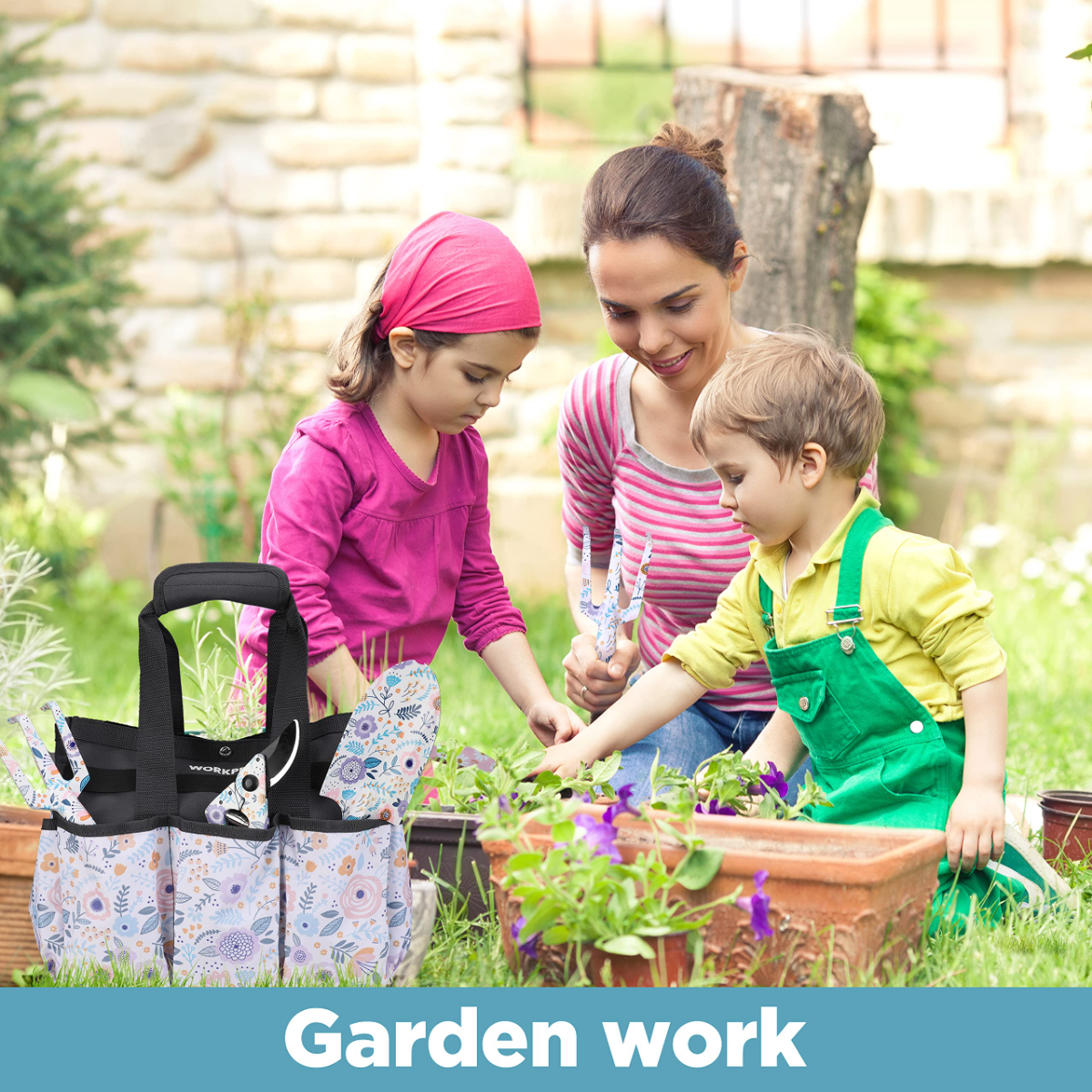 Garden work with floral tool bag, matching gloves, and pruning shears for plant care