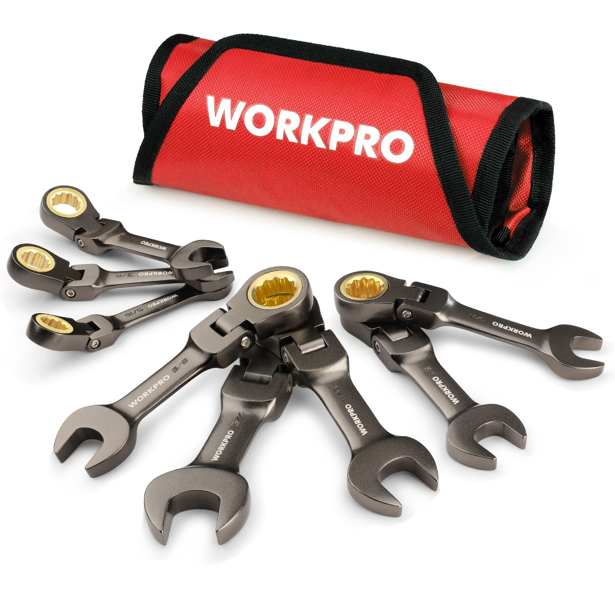Stubby ratcheting combination wrench set with red carry pouch and ratcheting wrench heads