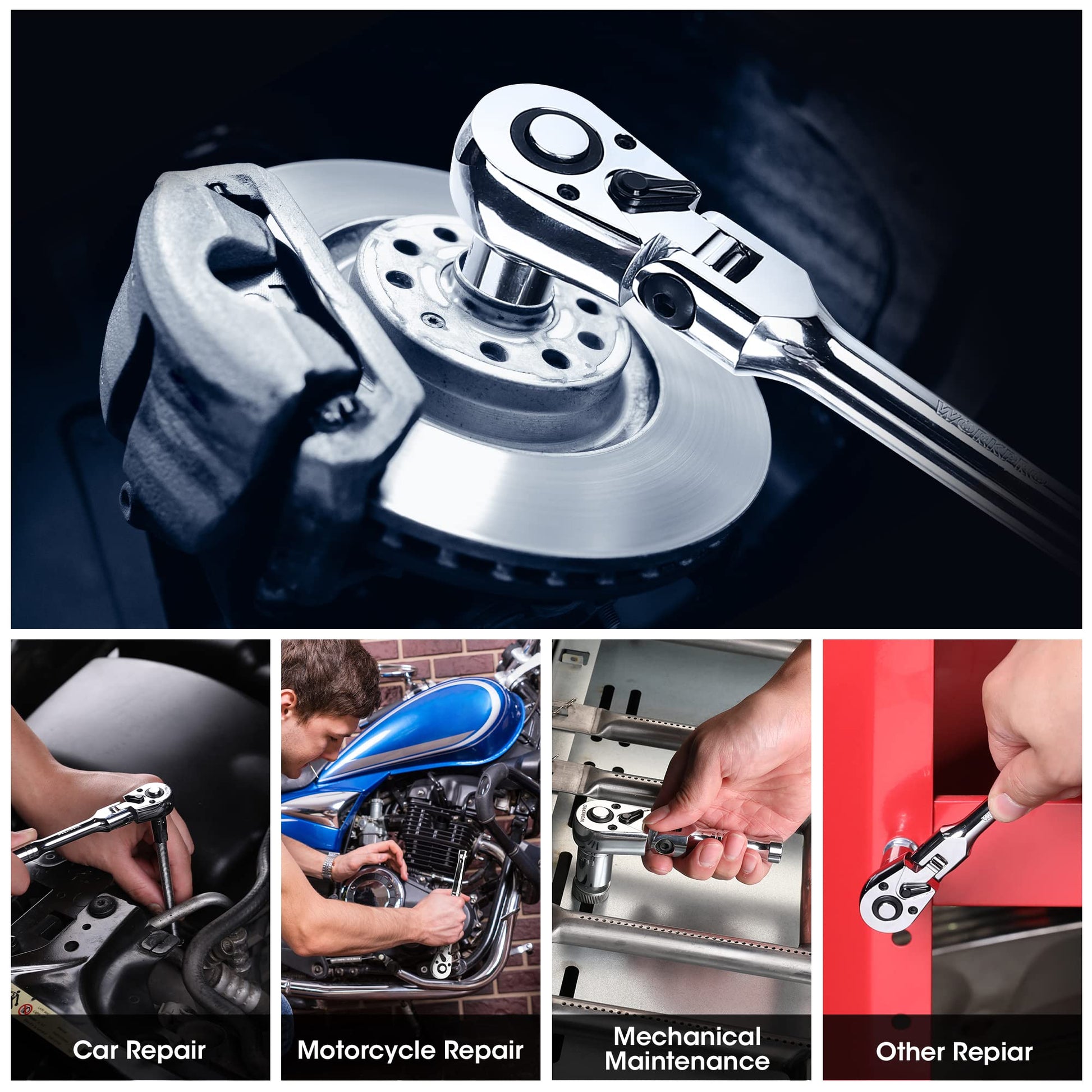 WORKPRO flex-head ratchets in use scenarios for car, motorcycle, and mechanical repairs
