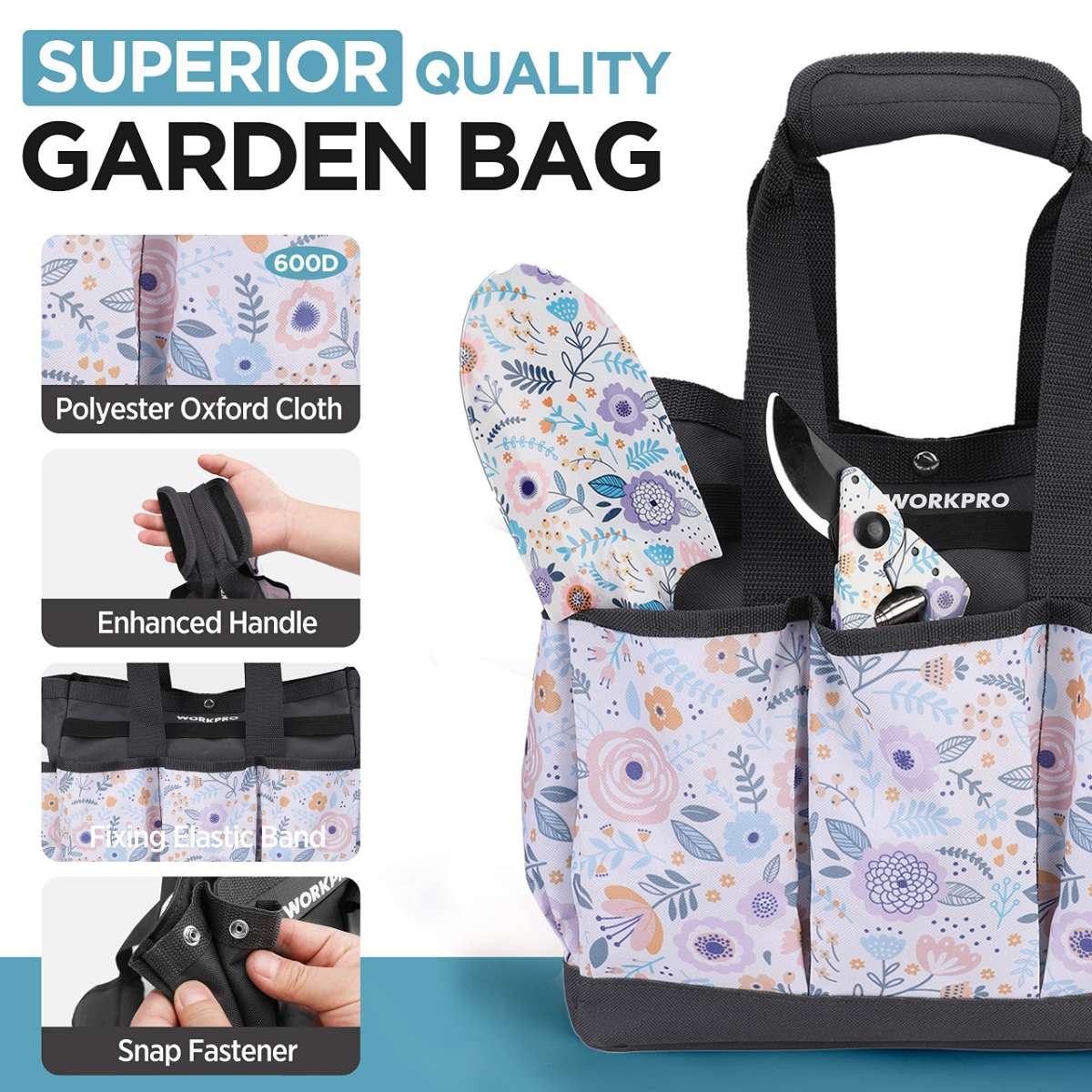 Floral garden bag in polyester oxford cloth with reinforced handle, elastic band, and snap fastener