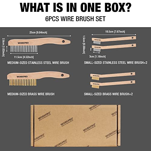 6-piece wire brush set packaging diagram with medium and small brass and stainless brushes