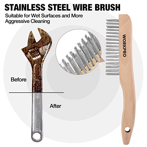Stainless steel wire brush with wooden handle and stiff gray bristles