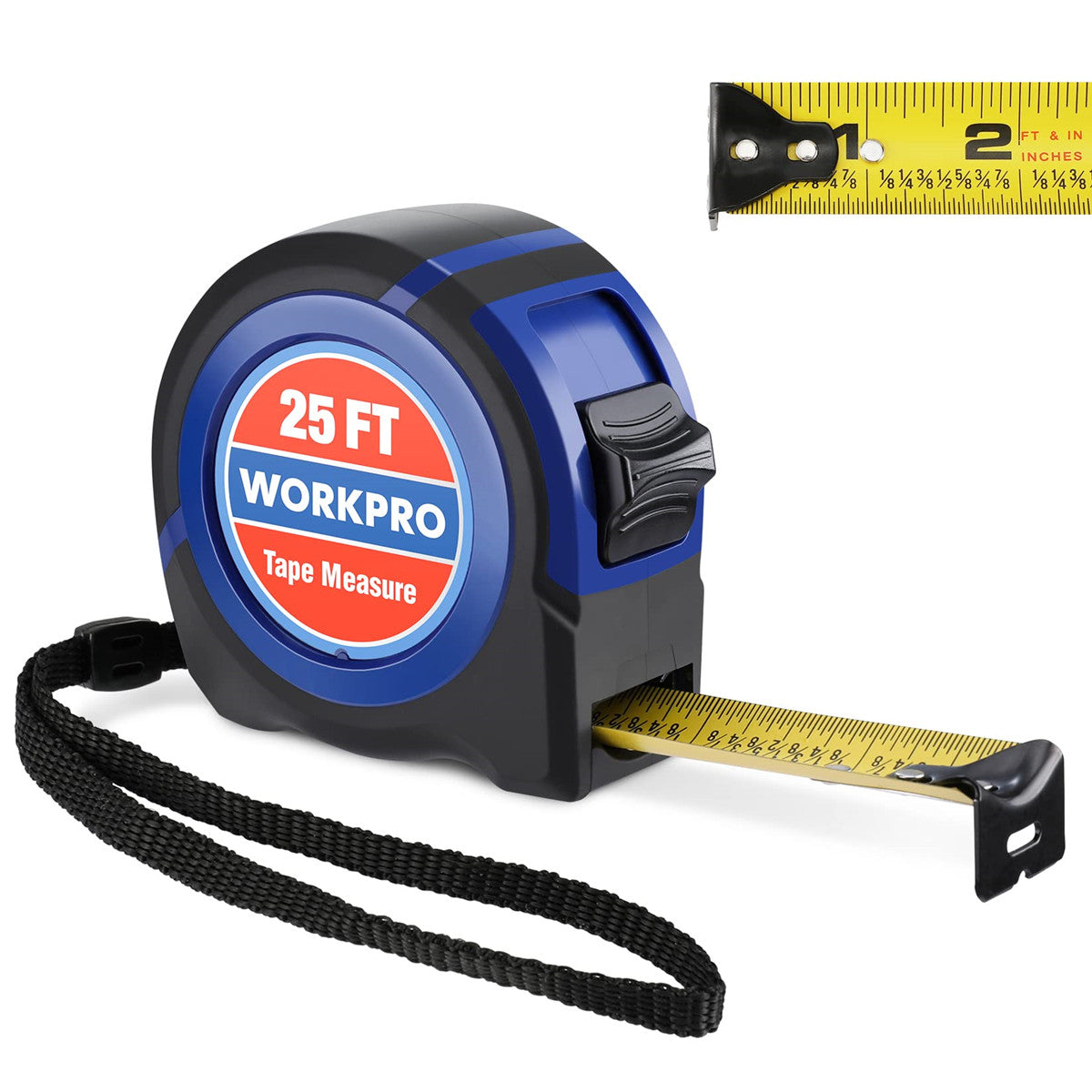 WORKPRO 25-ft tape measure with yellow blade and 1/8-in and 1/32-in marks