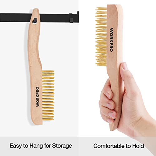 Wood-handled wire brush with brass bristles, shown being held for cleaning