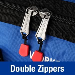 Close-up of double zippers on black and blue tool bag with red zipper pulls