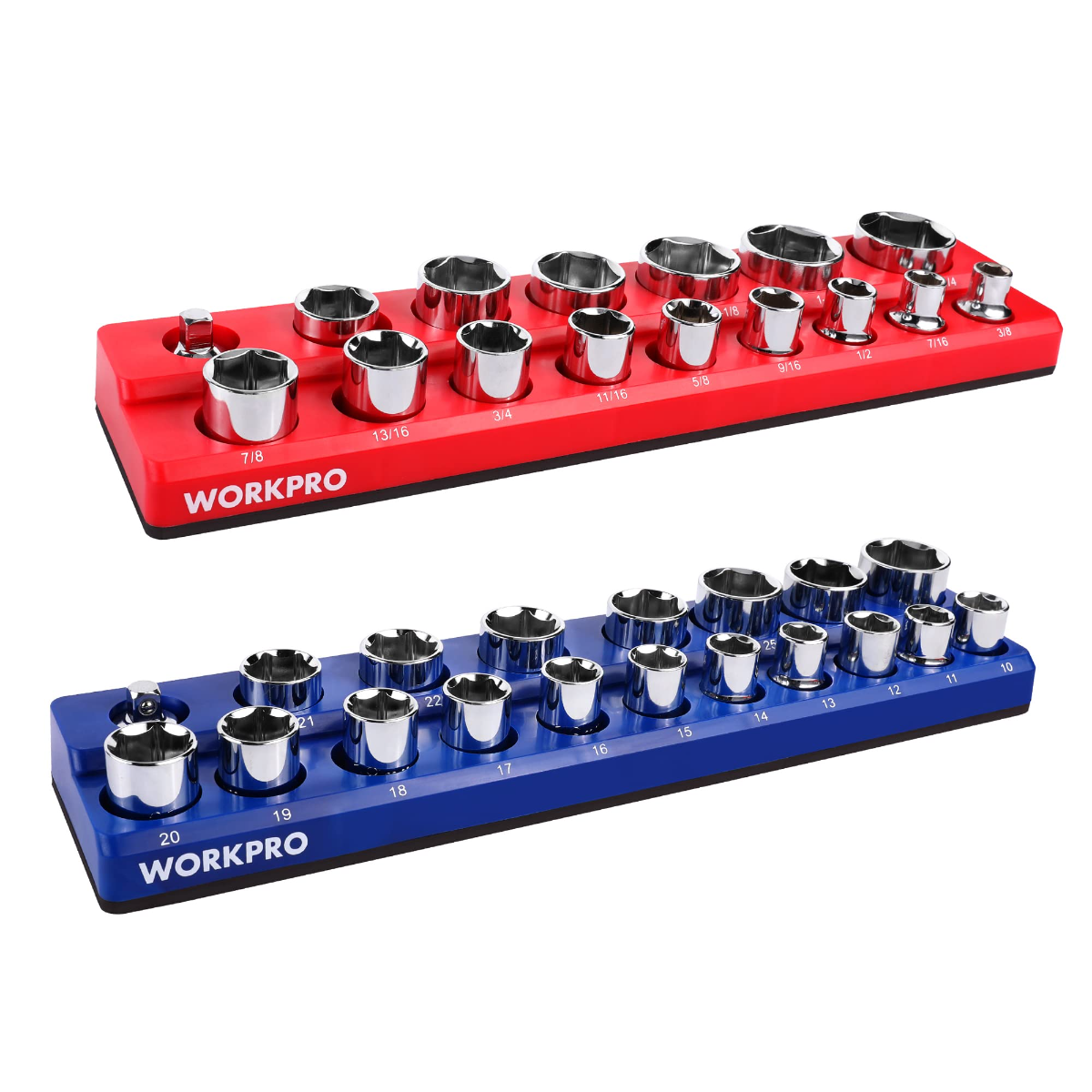 Magnetic socket organizer set with red and blue trays holding chrome sockets