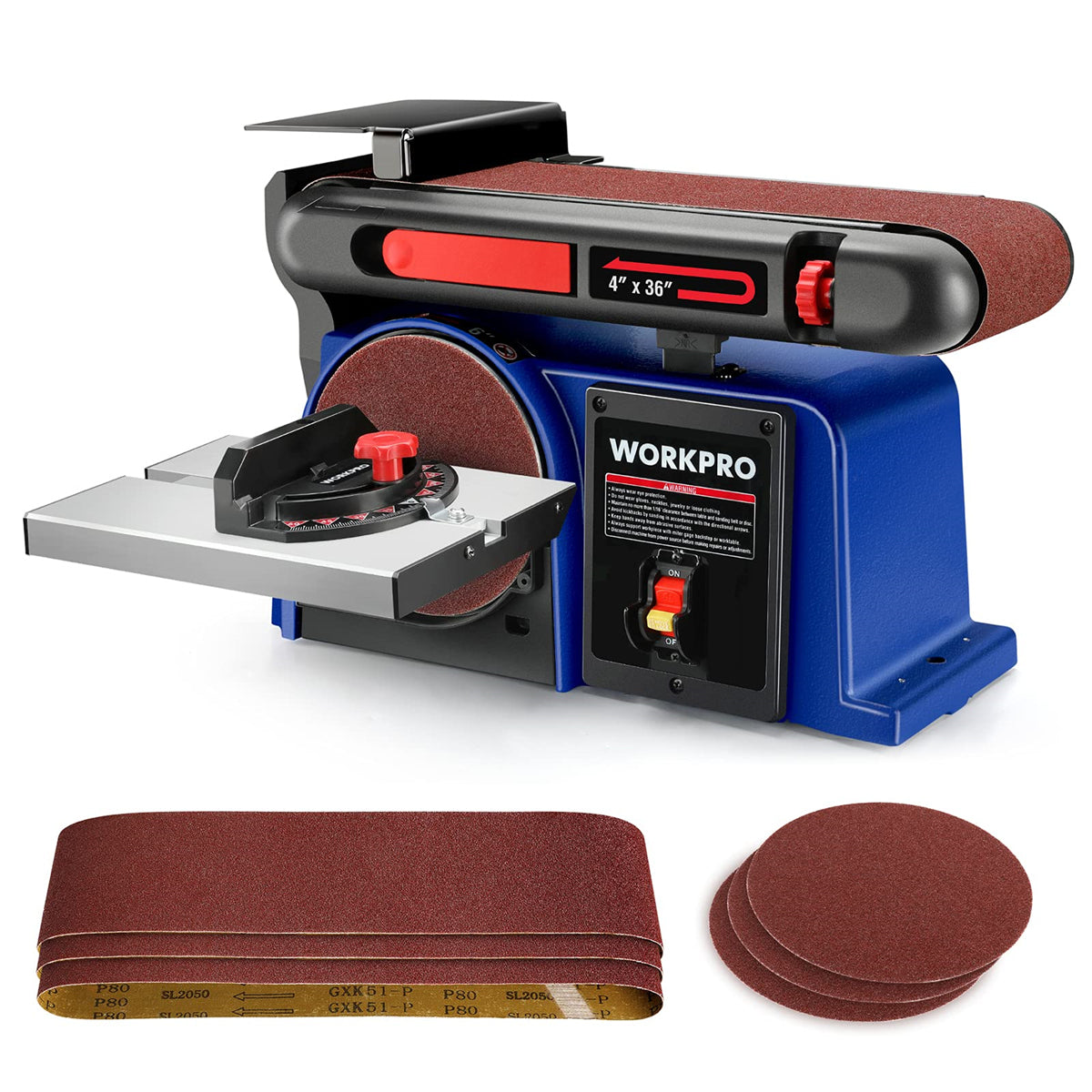 WORKPRO Belt Disc Sander, 4 in. x 36 in. Belt & 6 in. Disc Sander with 6 pcs Sandpapers, Cast Iron Base for Sanding Woodworking