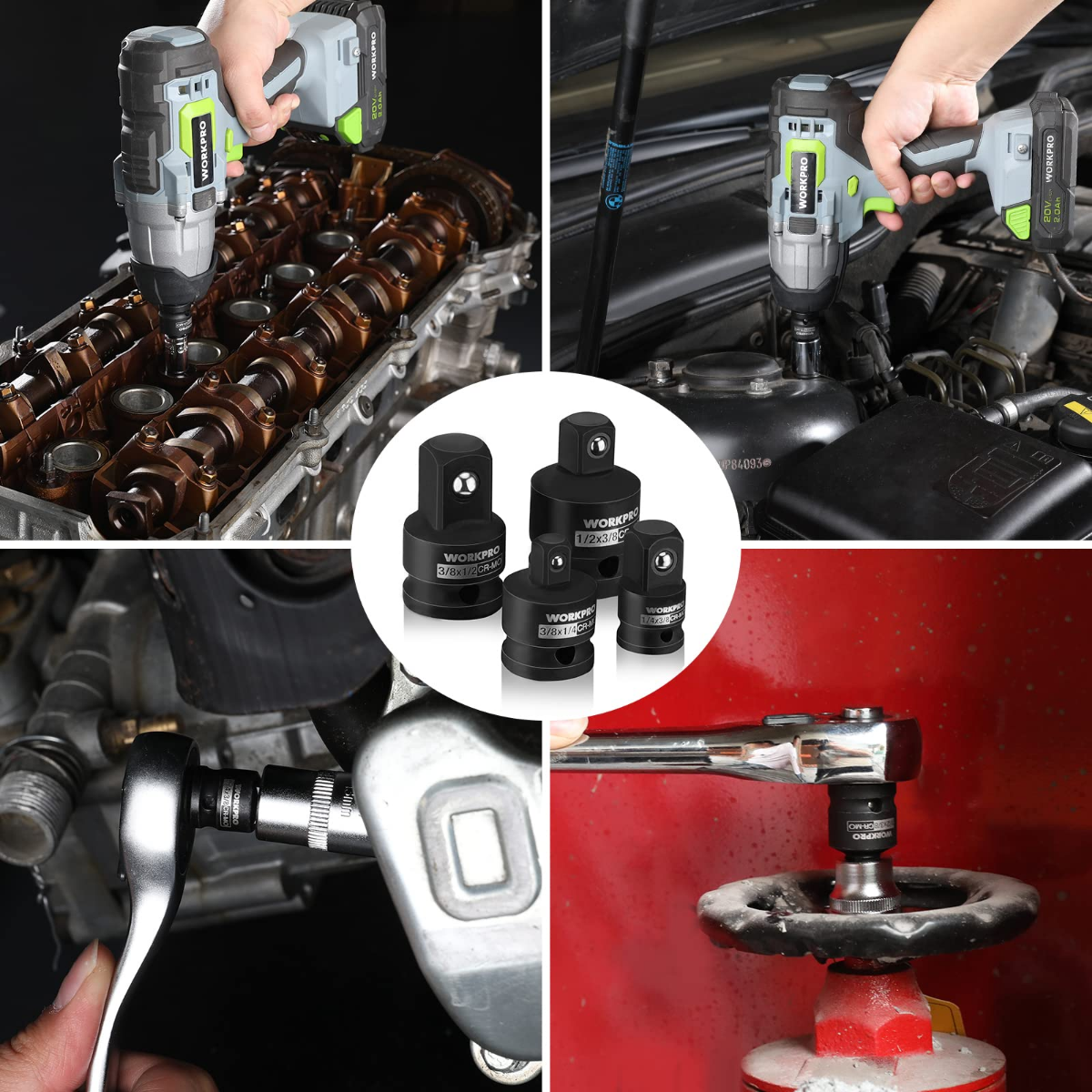 Impact driver socket reducer set in use on a fastener, black adapters with square drive