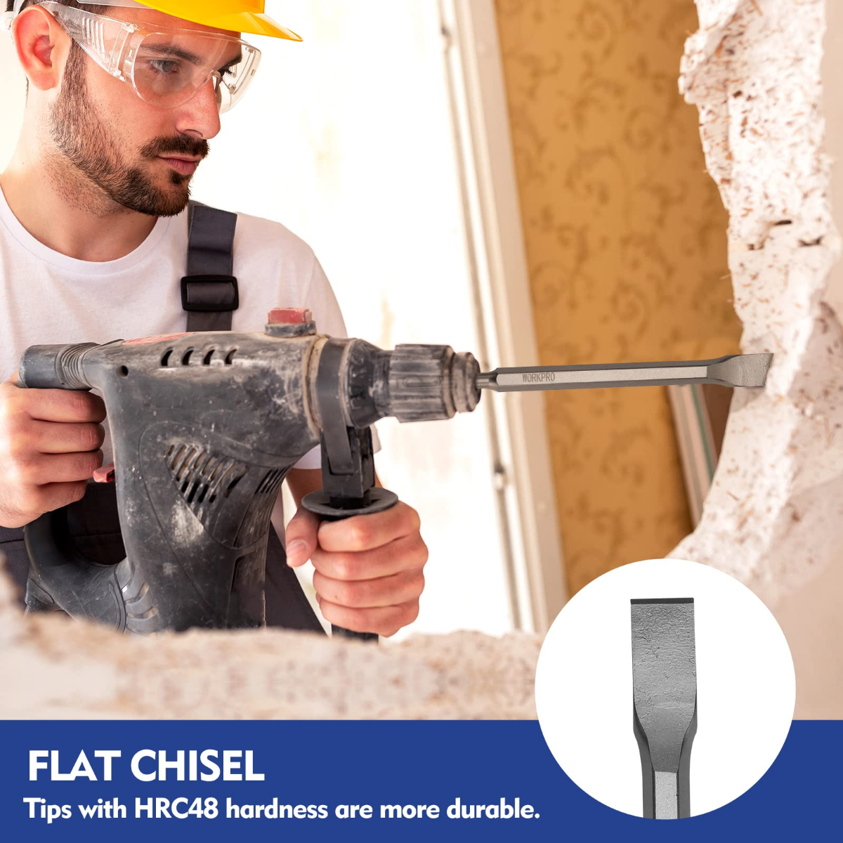 Flat chisel attachment for SDS rotary hammer, steel chisel tip