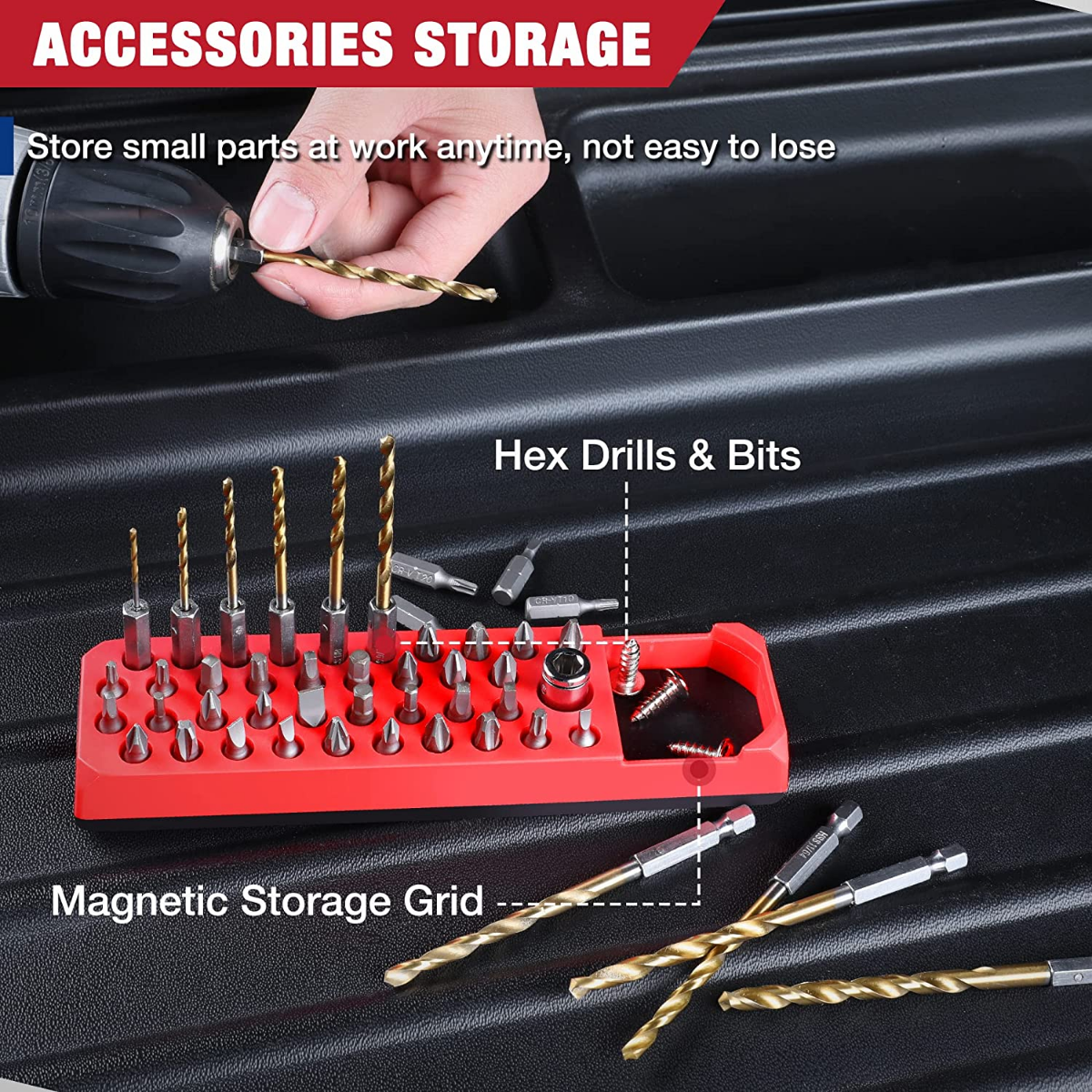WORKPRO red magnetic hex bit organizer tray with hex drill and bit storage grid