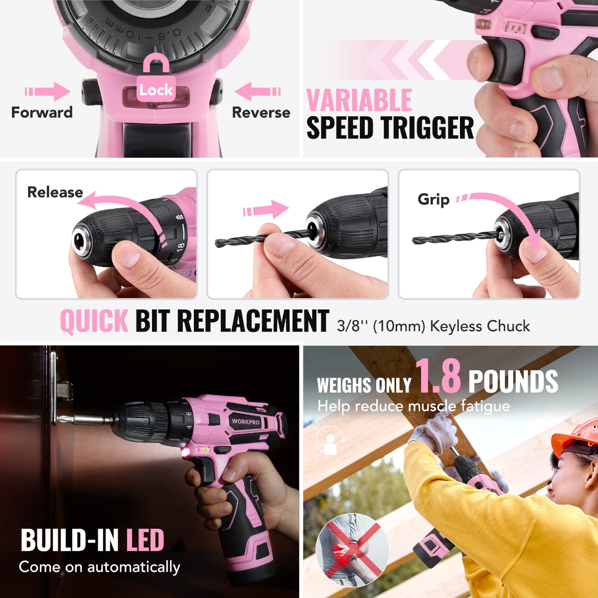 Pink cordless drill driver with variable speed trigger and quick bit replacement chuck
