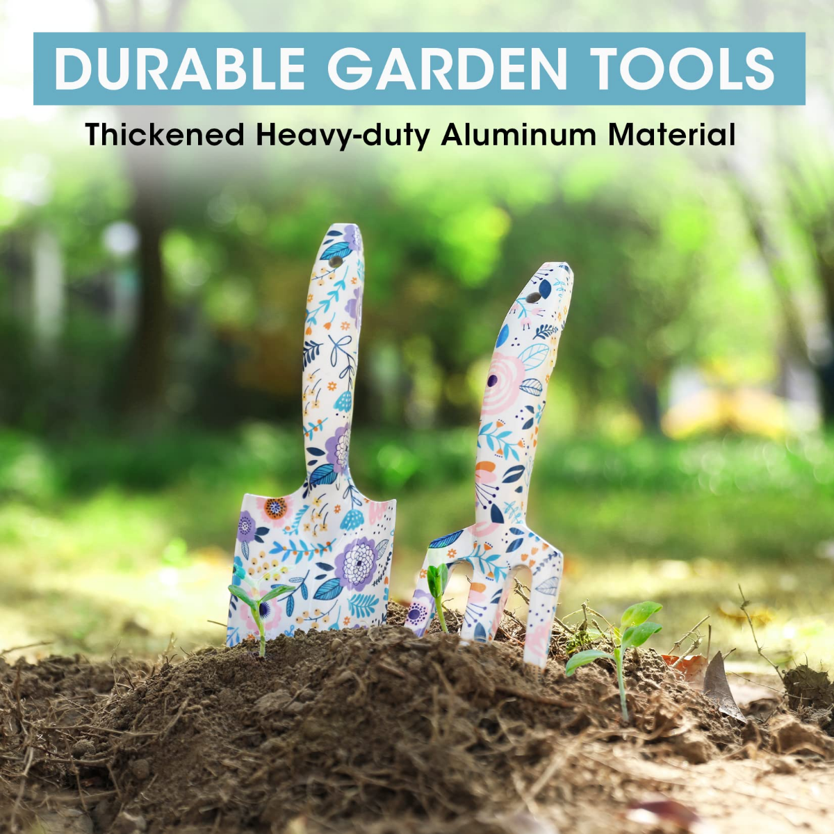 Floral printed aluminum garden tools standing in soil