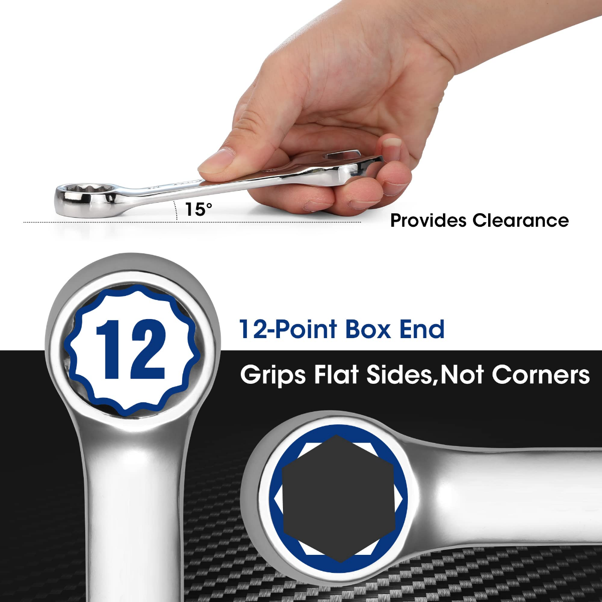 Stubby combination wrench with 12-point box end and offset open end