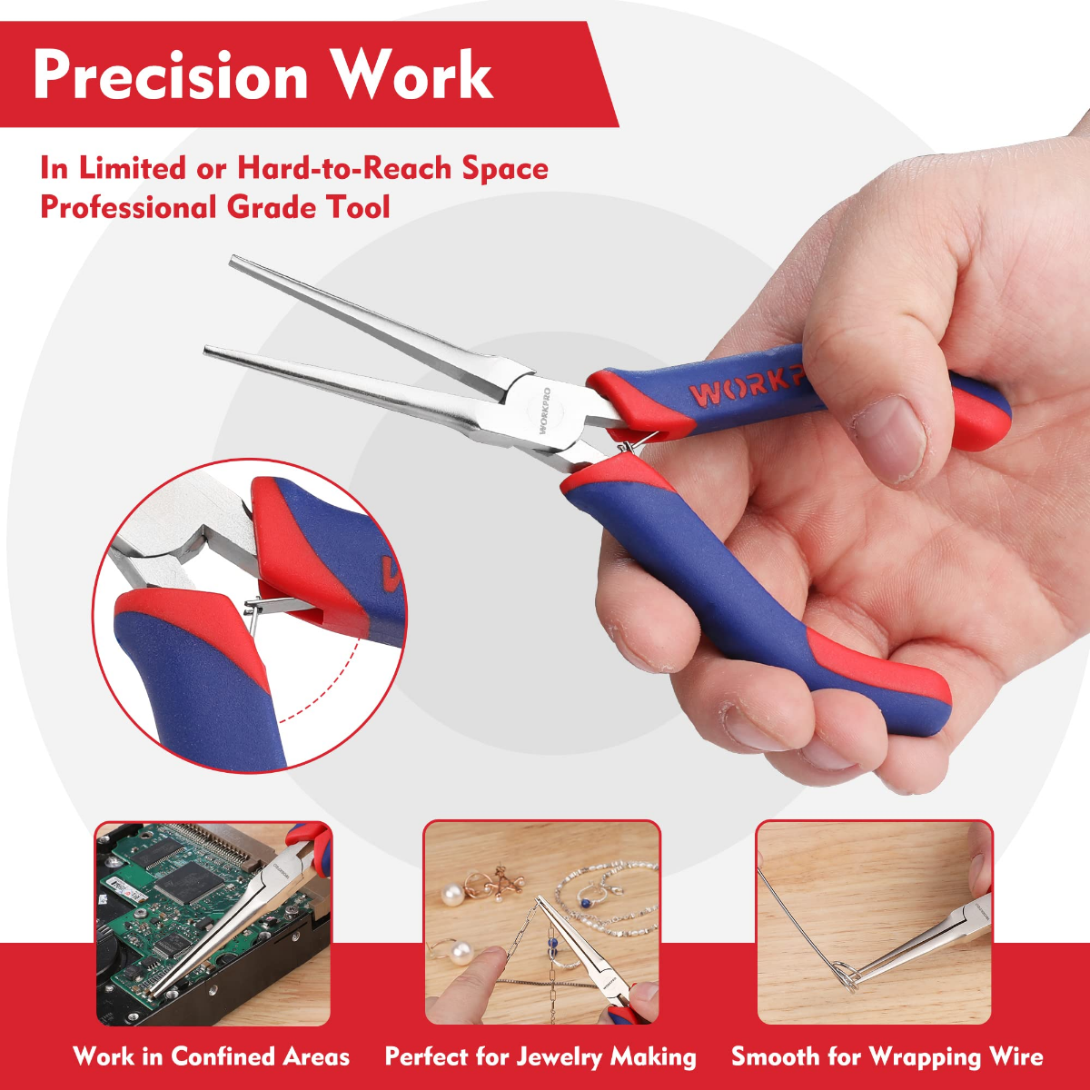 Needle nose pliers set in hand with long silver jaws and red-blue ergonomic handles