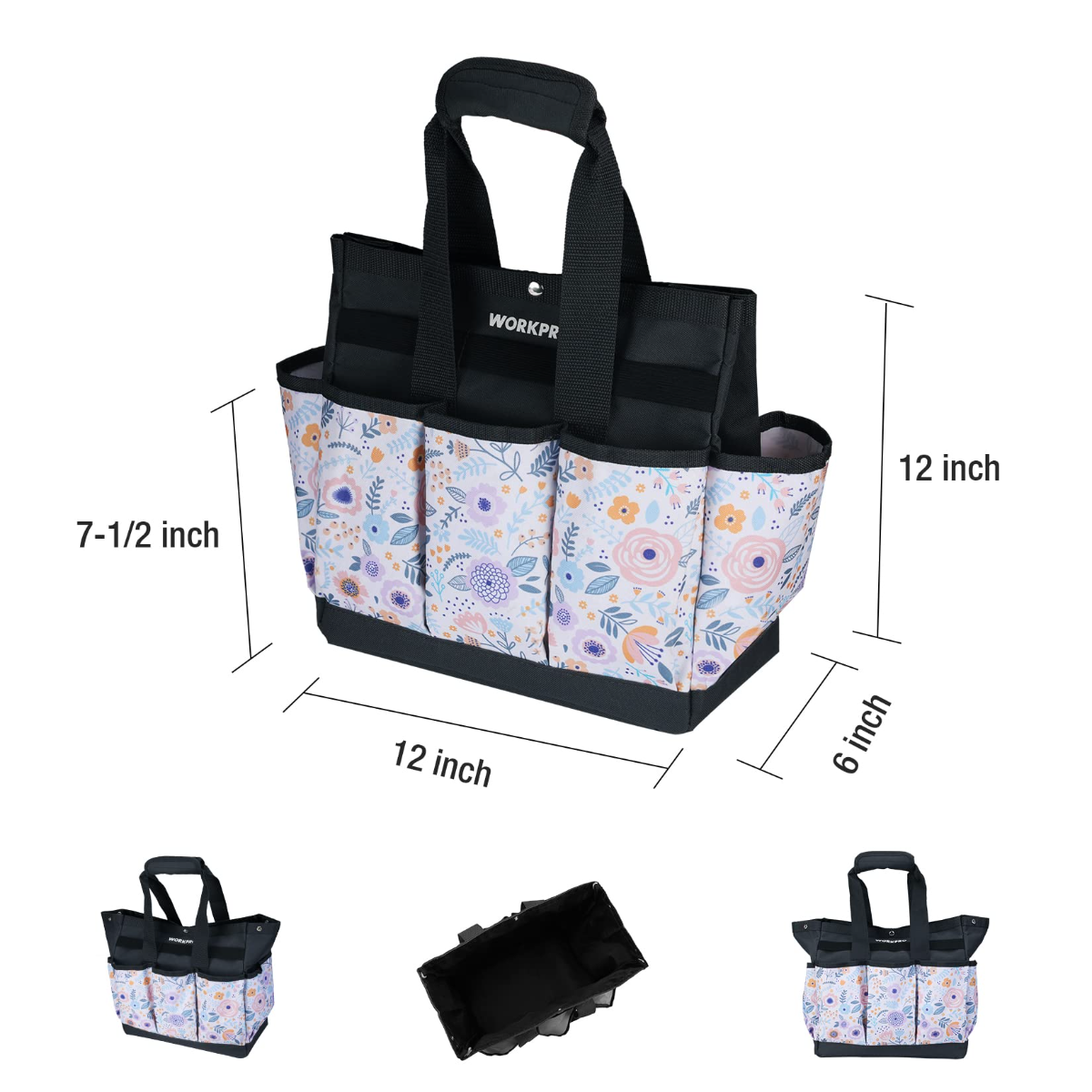 Floral garden tool tote bag with black top handles and multiple zipless pocket compartments