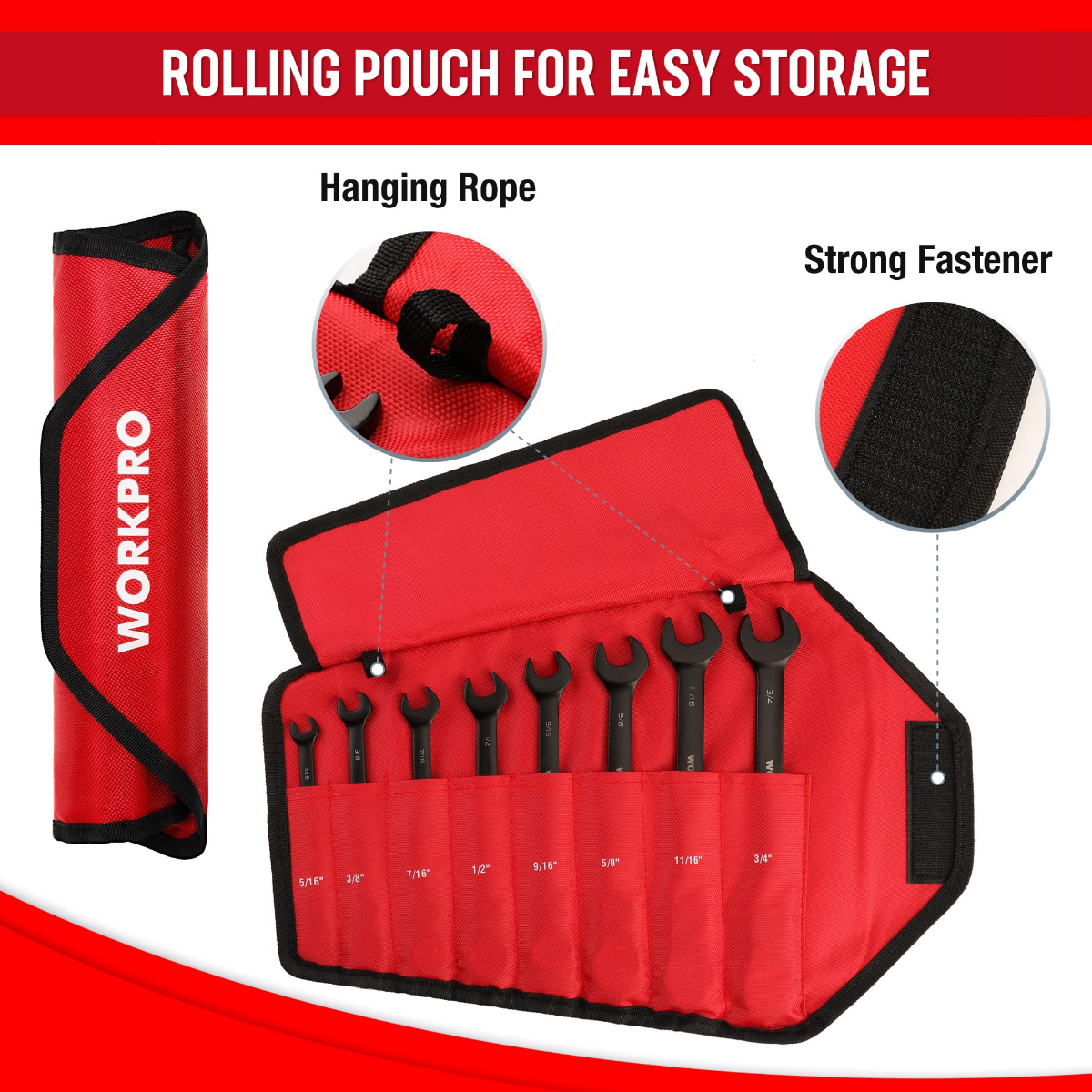 Red rolling storage pouch with hanging rope holding multiple flex-head ratcheting wrenches