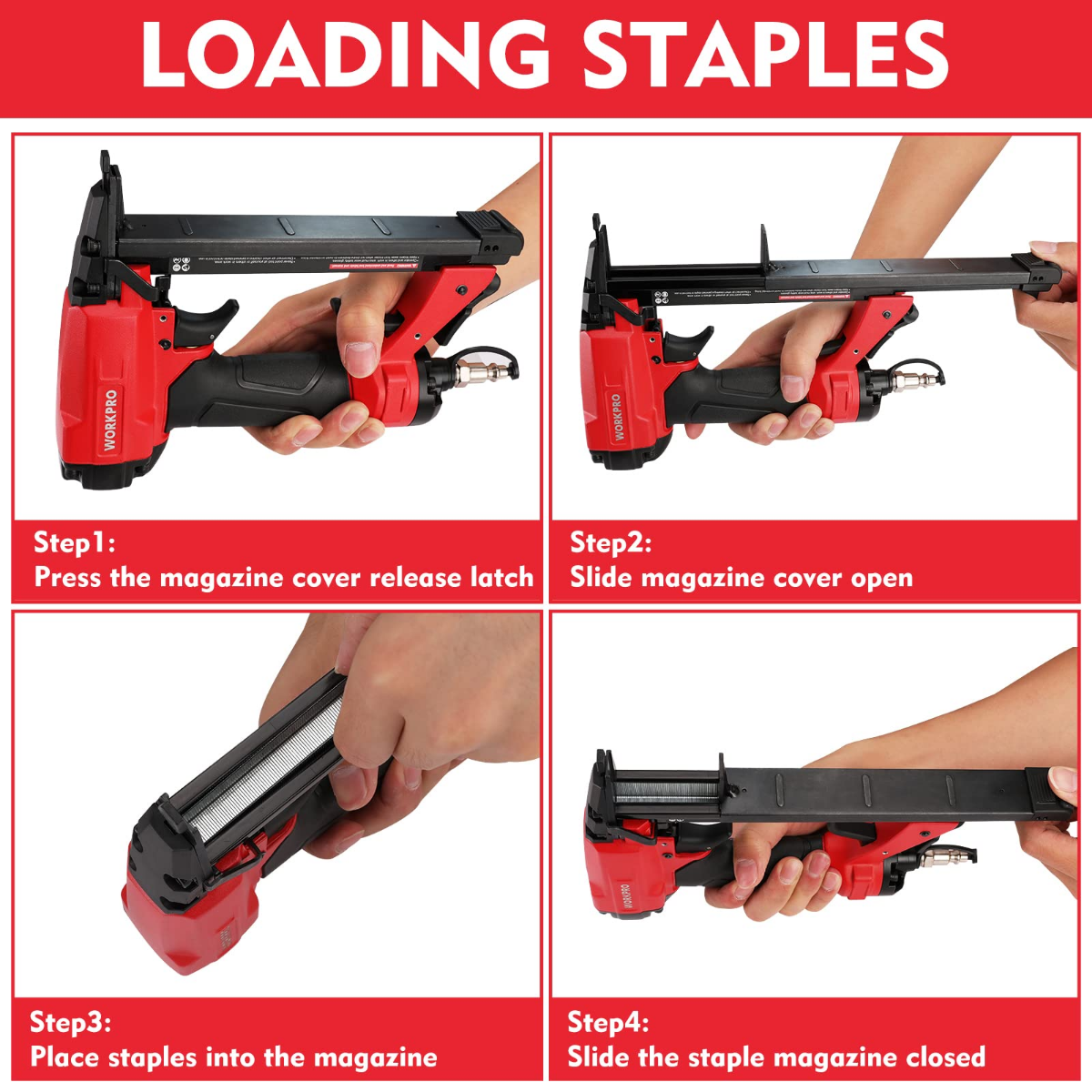 Step-by-step view of loading staples in a red and black pneumatic staple gun
