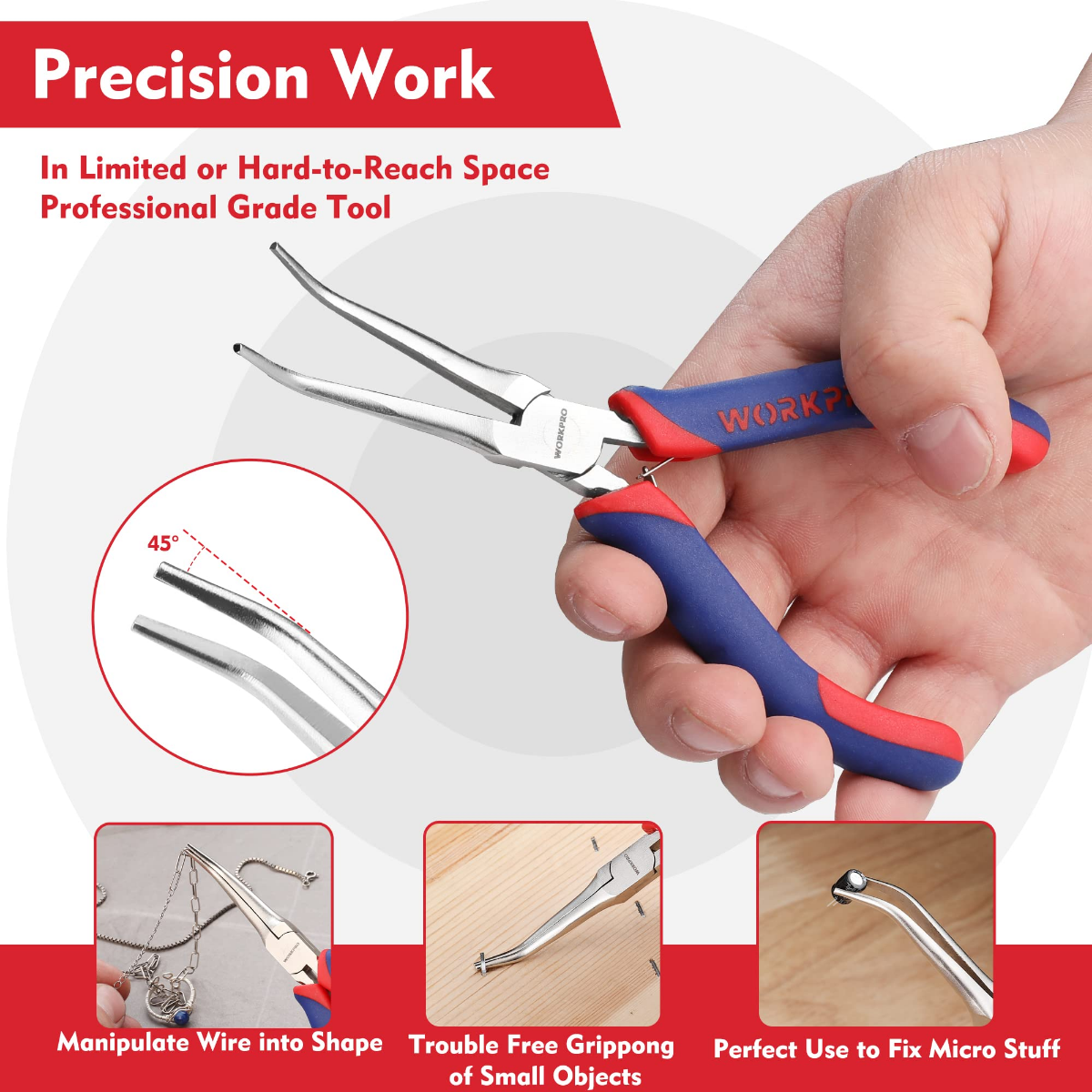 Needle nose pliers held for precision work, with tapered silver tips and red-blue grips