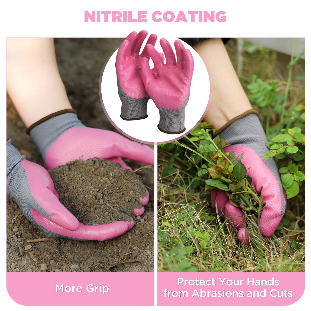 Pink and gray coated gardening gloves for grip and hand protection