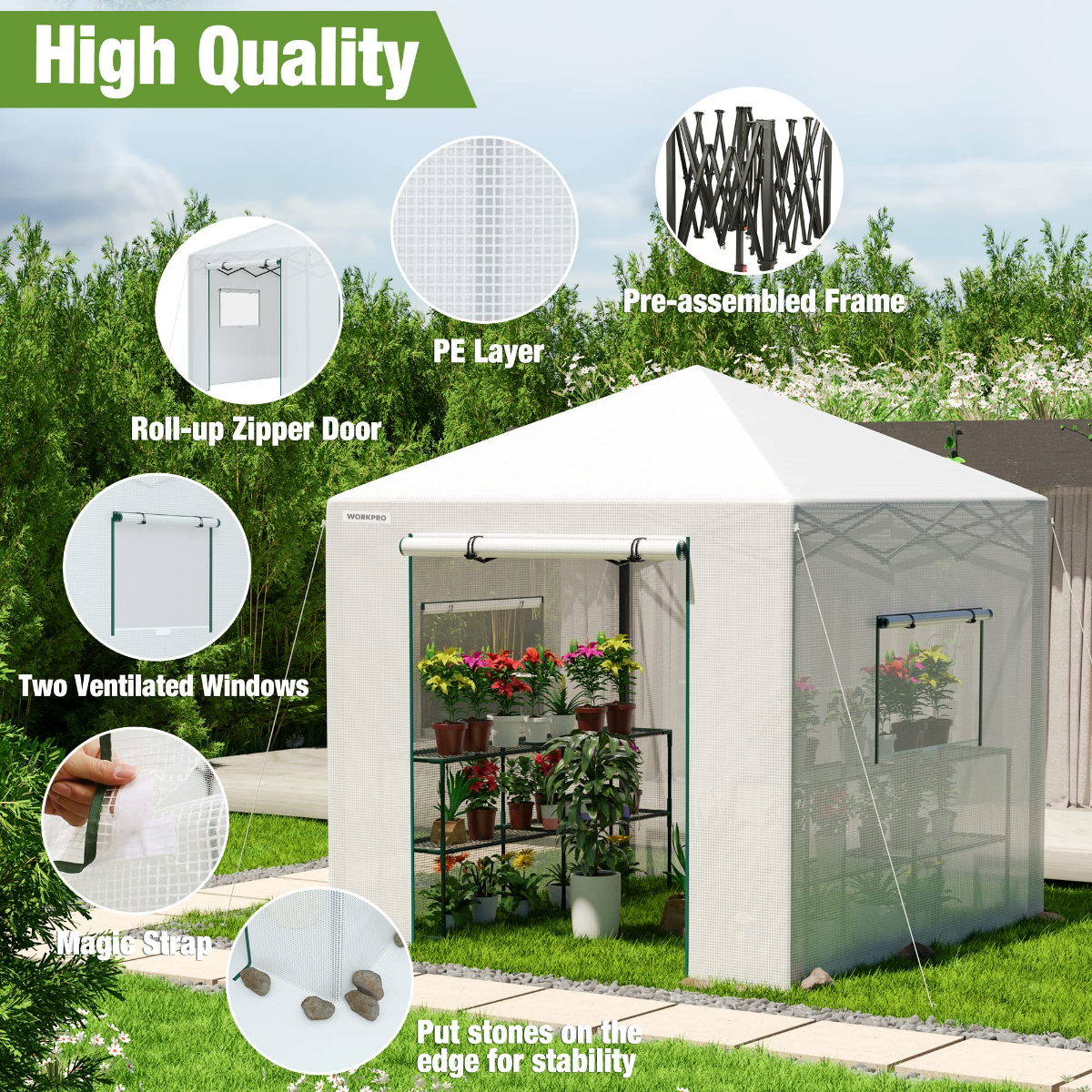White PE walk-in greenhouse with roll-up zipper door, ventilated windows, and PE layer closeups