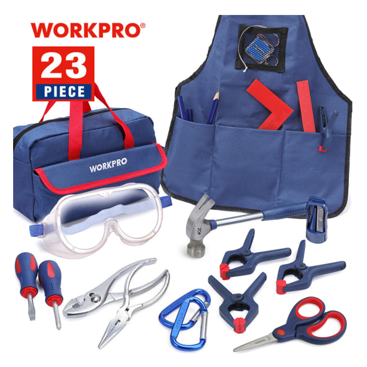 WORKPRO tool set storage bag in blue with red trim, plus assorted hand tools and goggles