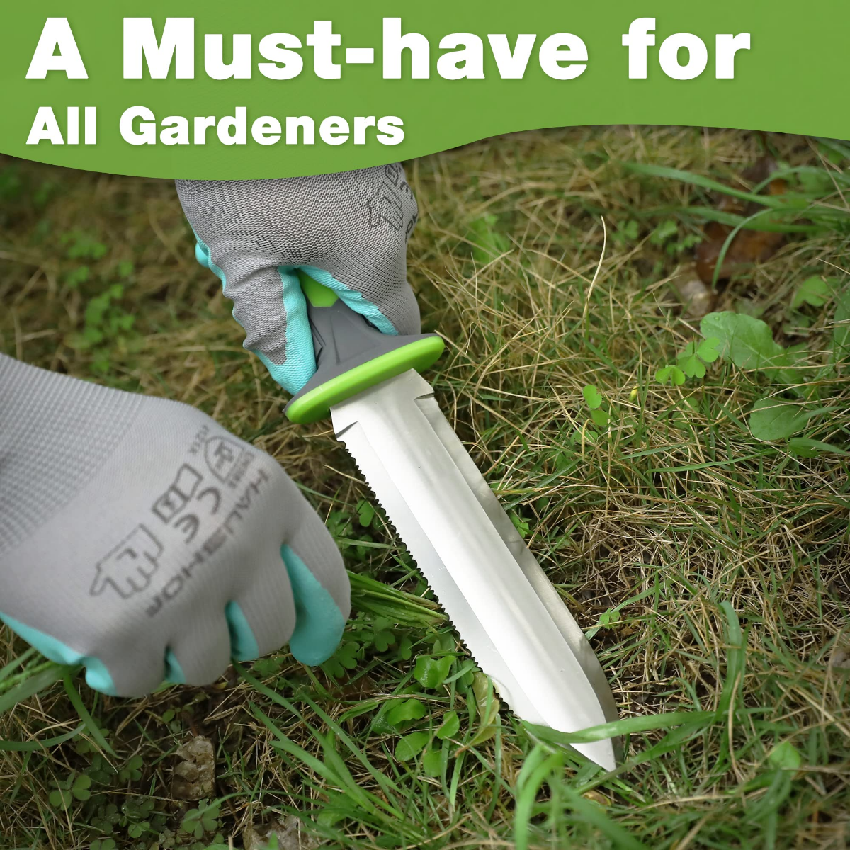 Green-handled garden knife with stainless blade, held in a gloved hand for digging