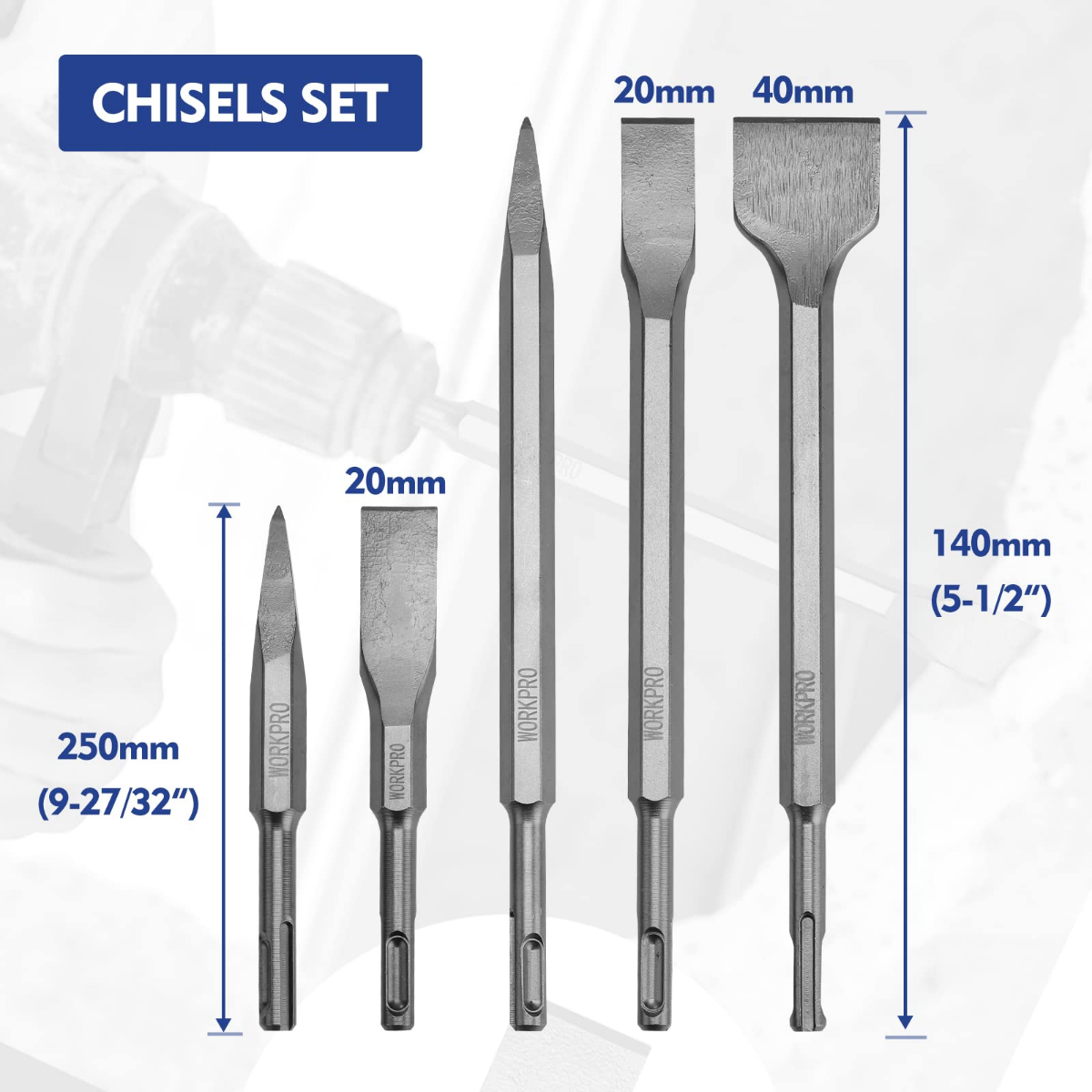 Chisel set with five steel SDS bits, varied head widths and flat edges