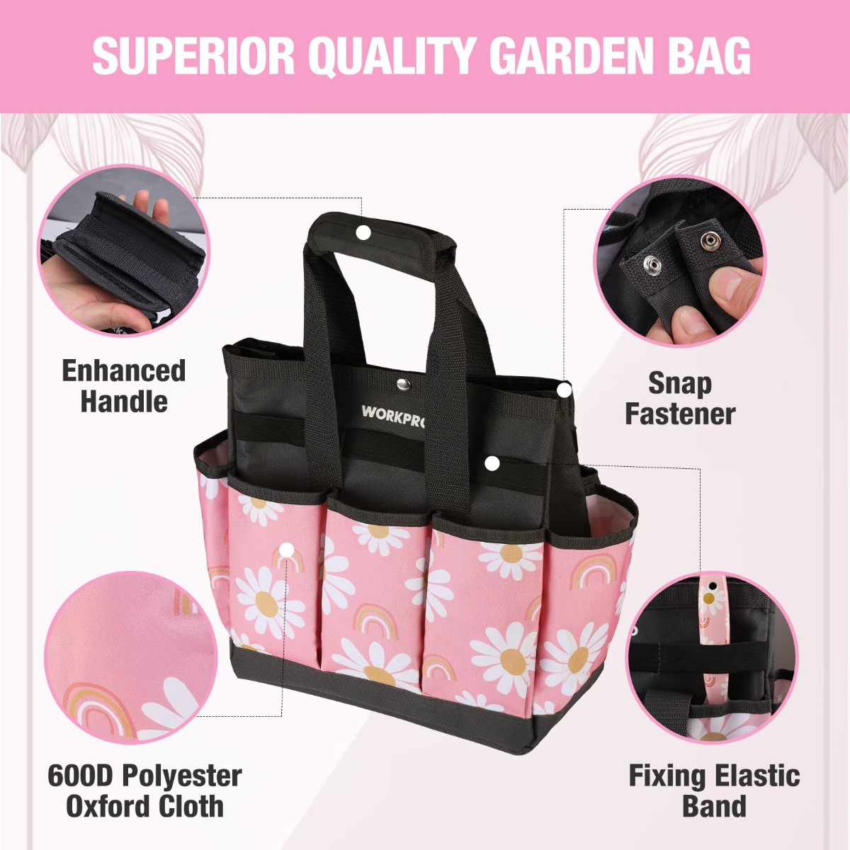 Floral pink garden tool tote bag with reinforced handle, snap fastener, and elastic band