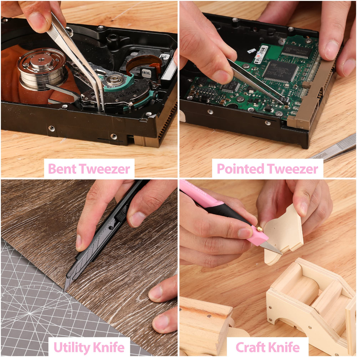 Pink tweezers and knives set with bent tweezers, pointed tweezers, utility knife, and craft knife