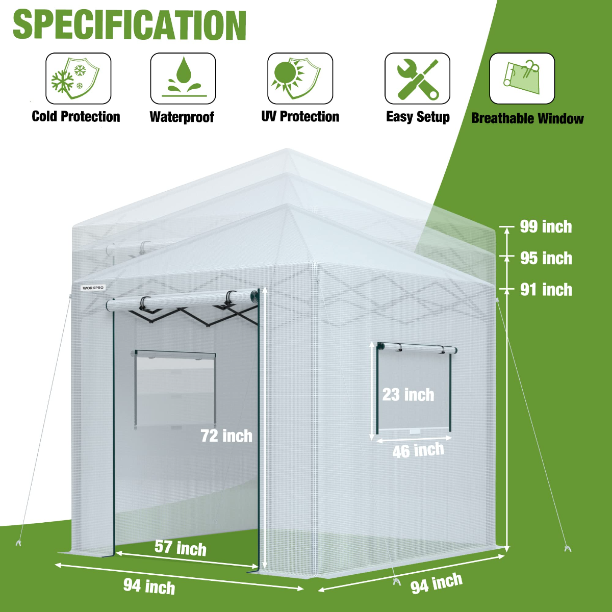 White walk-in greenhouse with mesh panels and door, shown with size measurements
