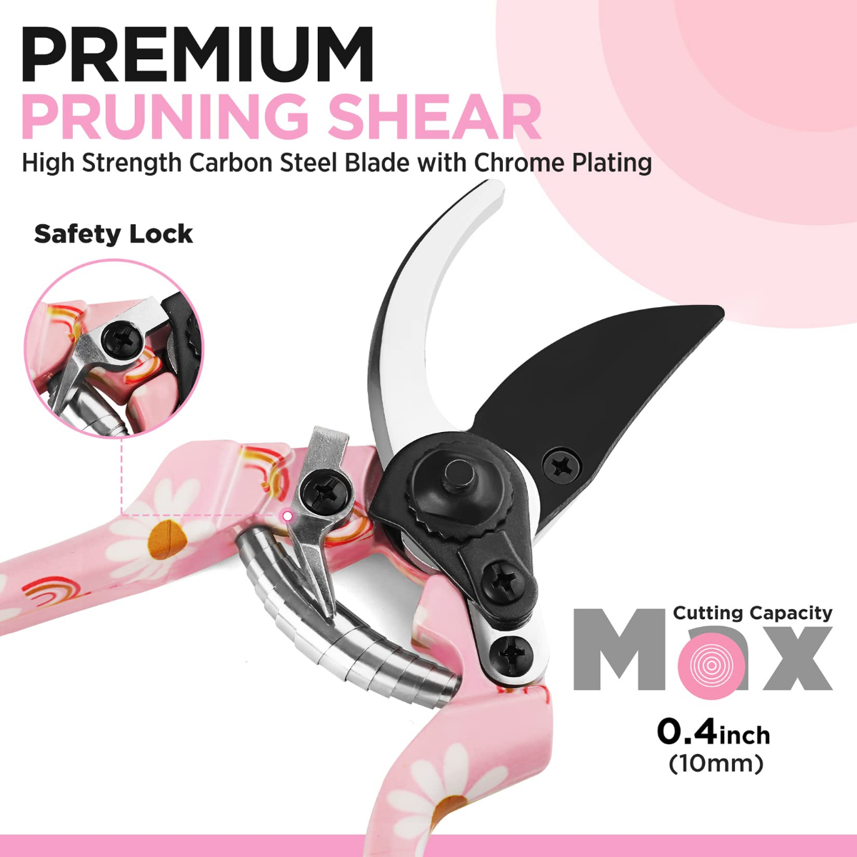Pruning shear with black blade and pink floral handles, safety lock