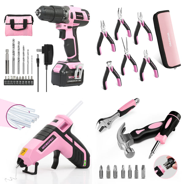 WORKPRO 20V Cordless Drill Driver Set & 6-Piece Mini Pliers & 10-piece Pink Tool Kit & Cordless Glue Gun