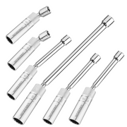 Swivel spark plug socket set with 6 chrome extension bars and sockets.