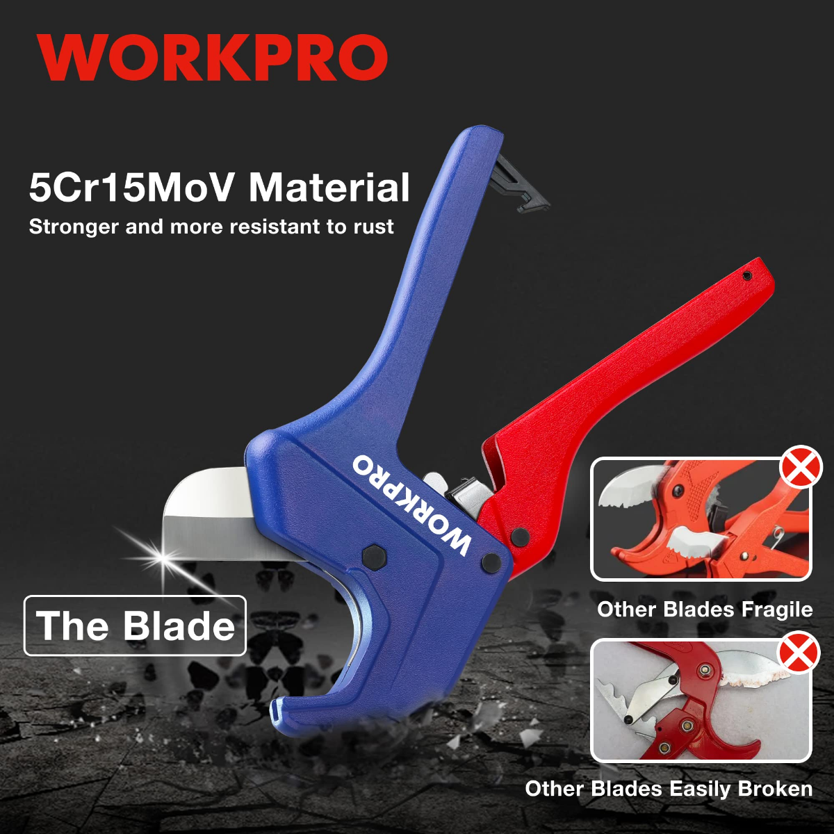 Blue ratchet pipe cutter with red handle and angled silver cutting blade