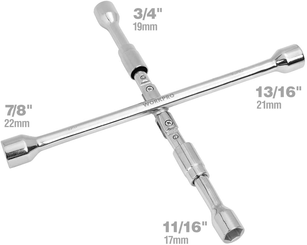 WORKPRO 14-Inch Universal Folding Lug 4-Way Cross Wrench in chrome-plated drop forged steel with 34 inch secure grip
