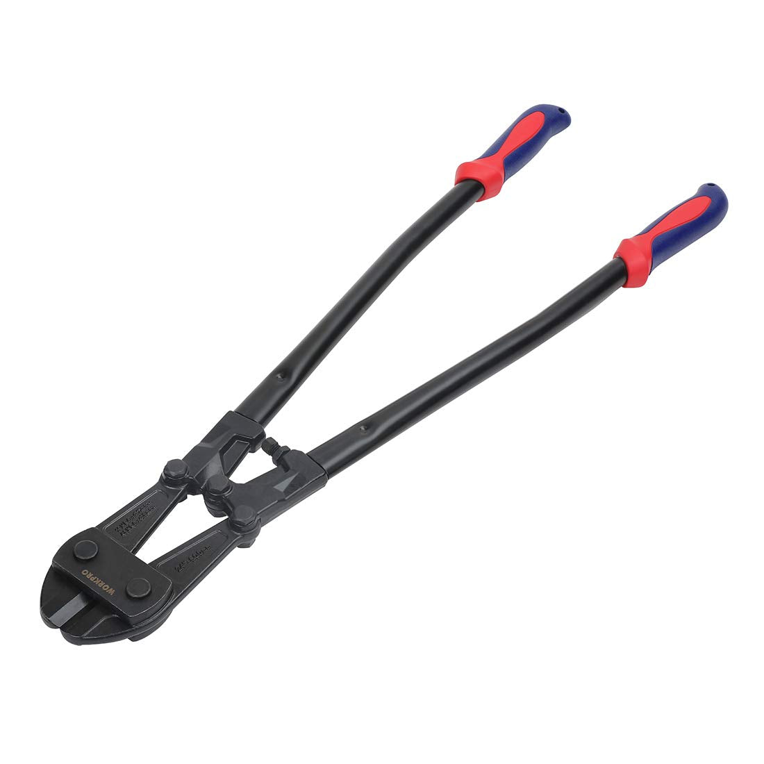 Bolt cutter with long black handles and red grips, open jaw design