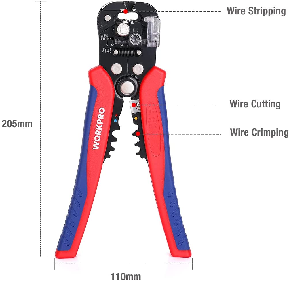 WORKPRO 3-in-1 automatic wire stripper/cutter/crimper pliers, red and blue handles