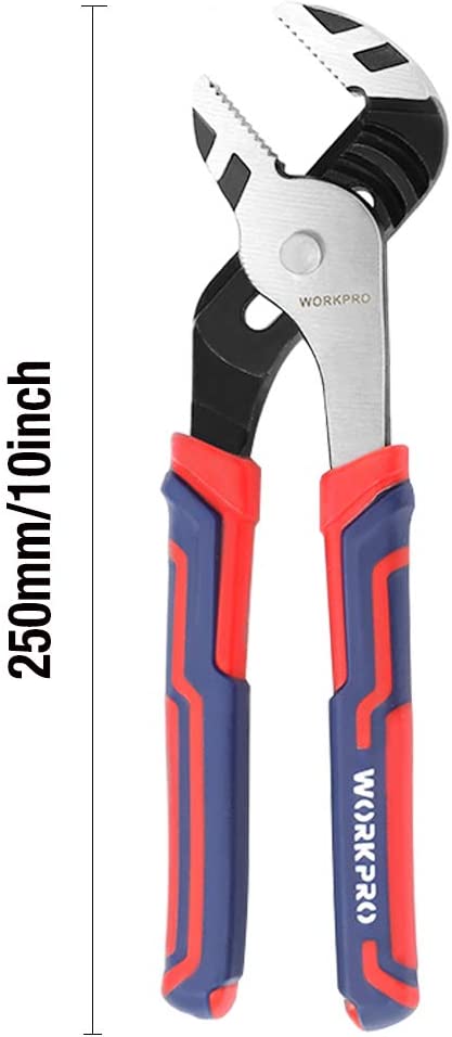 10-inch adjustable groove-joint pliers with red/blue handles and silver serrated jaws