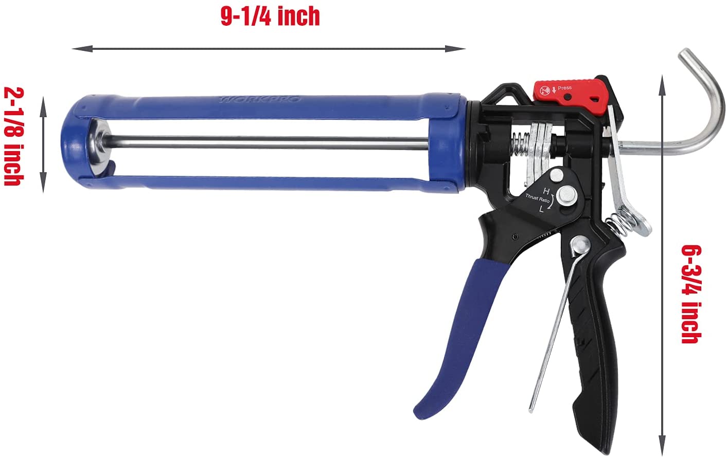 Adjustable caulking gun size shown: 9-1/4 in length and 6-7/16 in height
