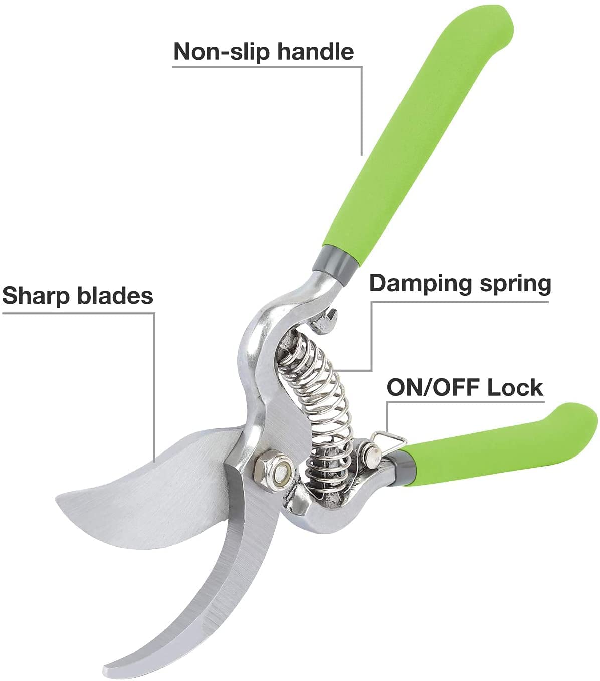 Pruning shears set showing ON/OFF lock, green handles, straight steel blades, spring