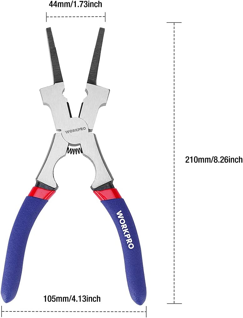 WORKPRO welding pliers with blue anti-slip handles, red grips, and silver jaw heads