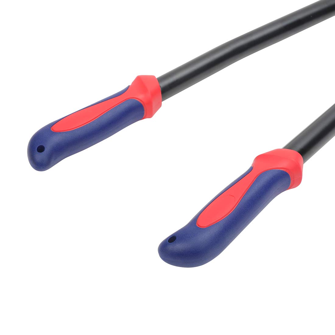 Bolt cutter with blue/red grips and long black steel arms