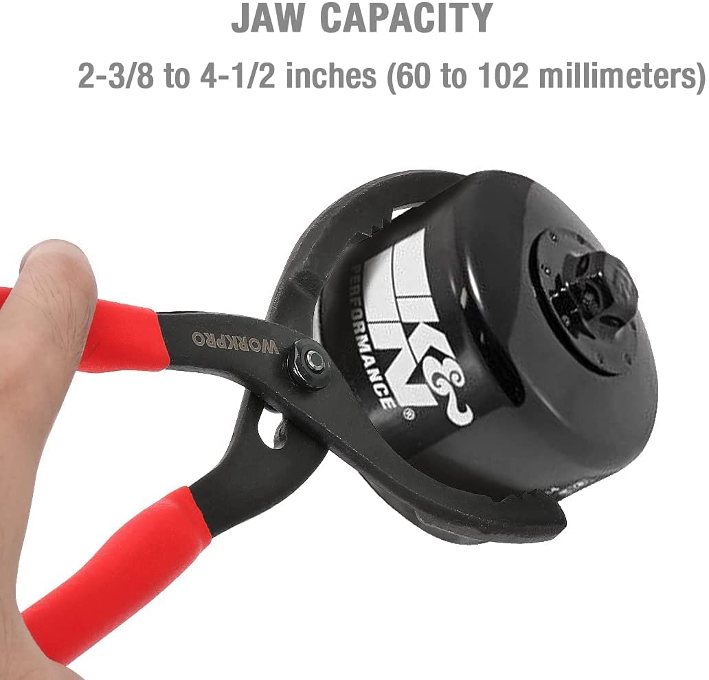 Close-up of adjustable slip-jaw head on oil filter pliers with red and black handles