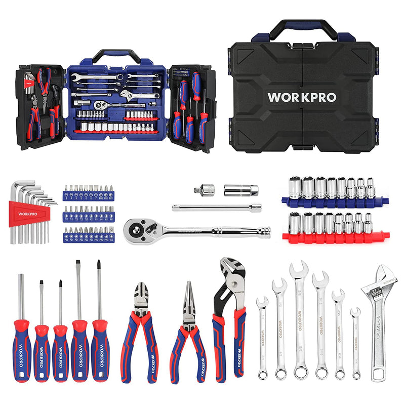 WorkPro 87 Piece Household Hand Tool Kit, General Auto Repair Tool Set with Pliers, Screwdrivers, Sockets, Wrenches and Toolb