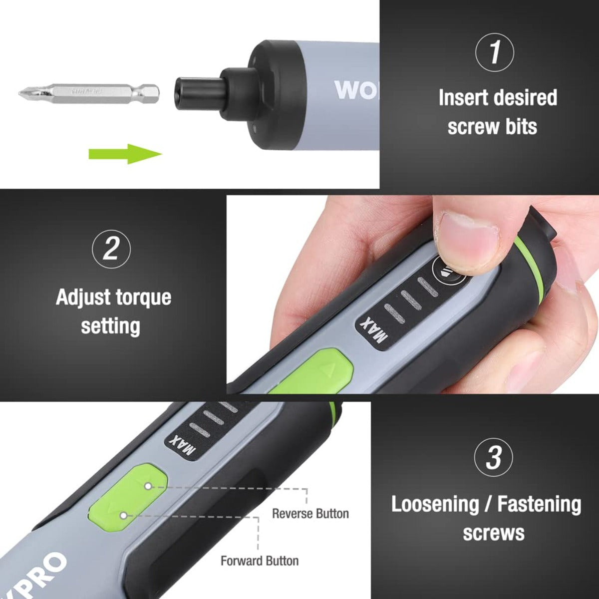 Rechargeable electric screwdriver with bit holder and metal bit, black and light gray